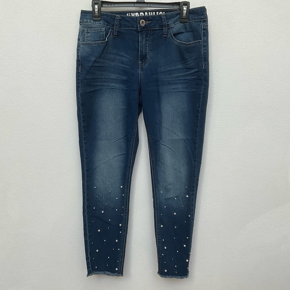 Hydraulic Dark Wash Raw Hem Skinny Jeans With Pearl Detail On Lower Leg Size 10